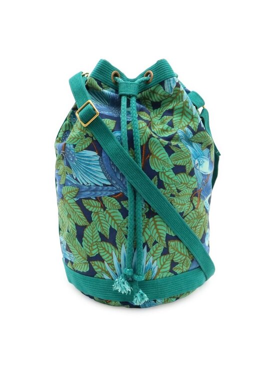 Hermes Handbags - Hermes Shoulder Bag Drawstring Botanical Bird Print Parakeet Canvas Green Blue
